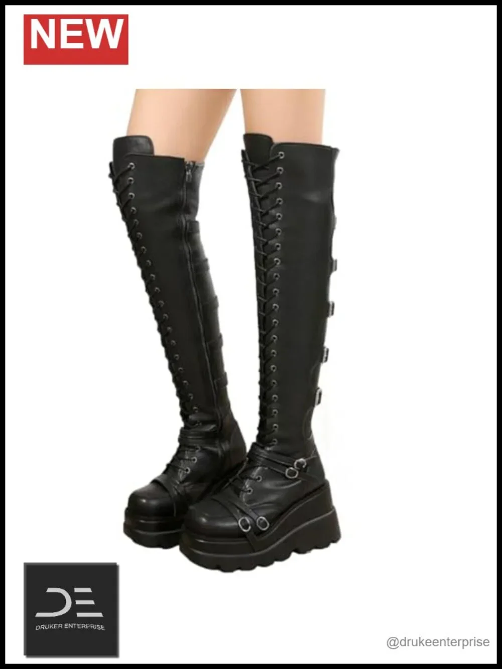 Over the Knee Boots for Women Goth Punk Thigh High Motorcycle Boots with